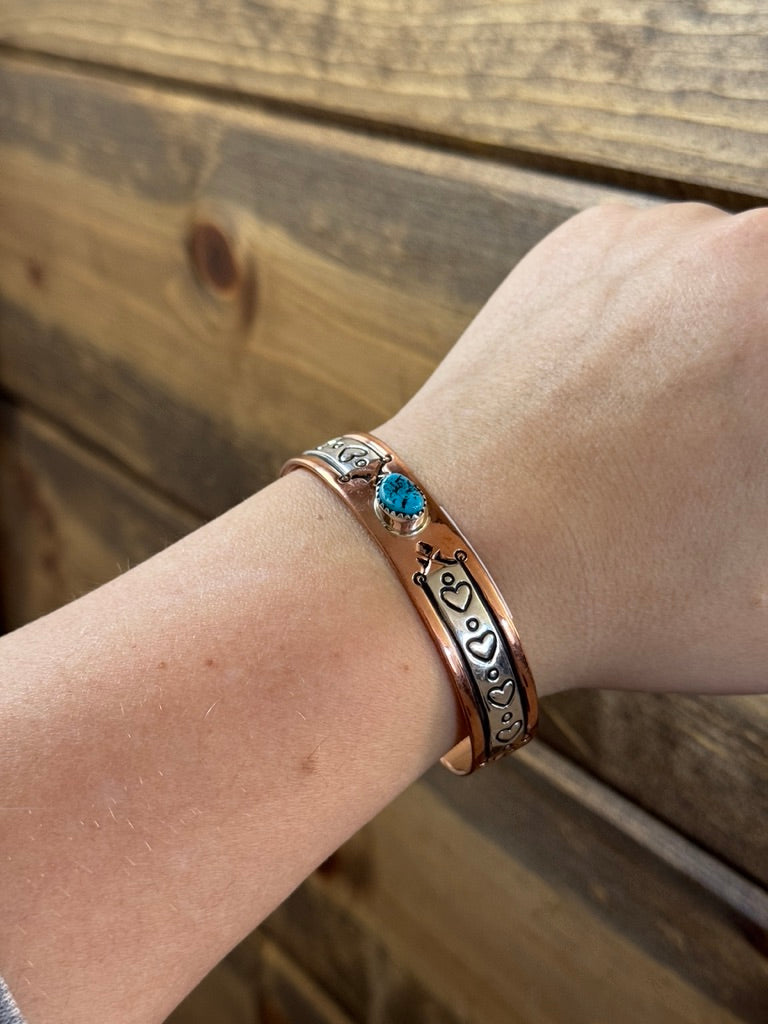 Copper, Silver & Turquoise Cuff Hearts