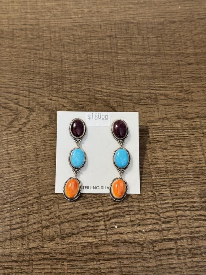 Purple/Orange Spiny w/ Sleeping Beauty Turquoise Dangle Earrings