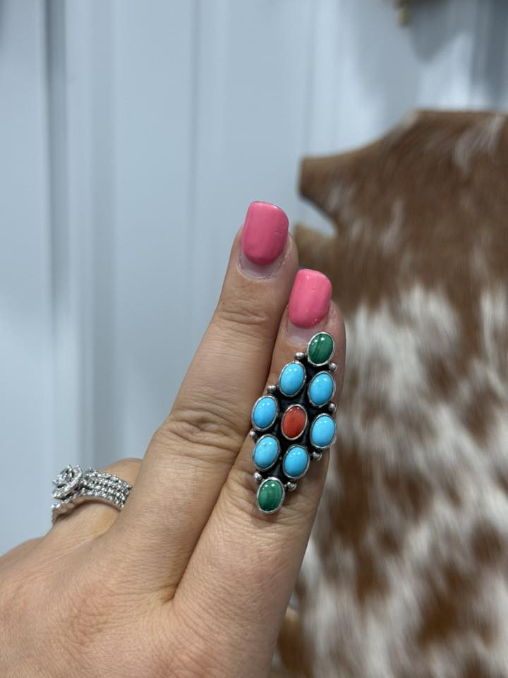 Sleeping Beauty, Malachite, Red Spiny Ring Size 6.5