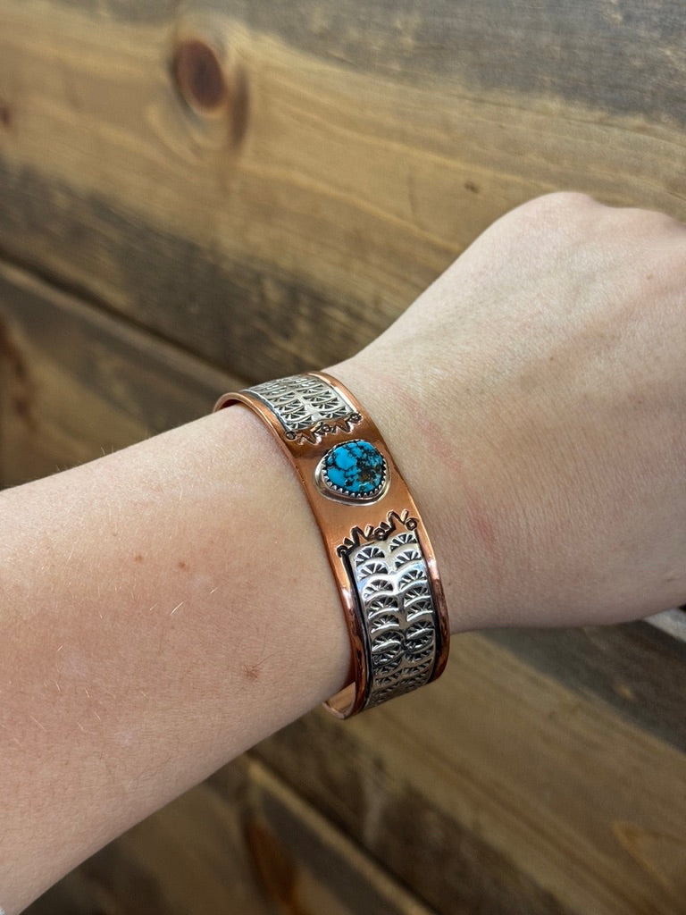 detailed copper silver turquoise cuff