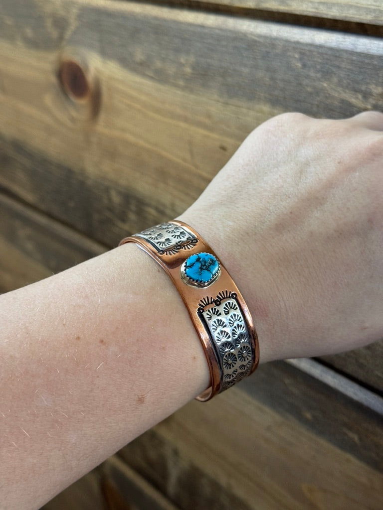 Copper silver cuff with turquoise Large