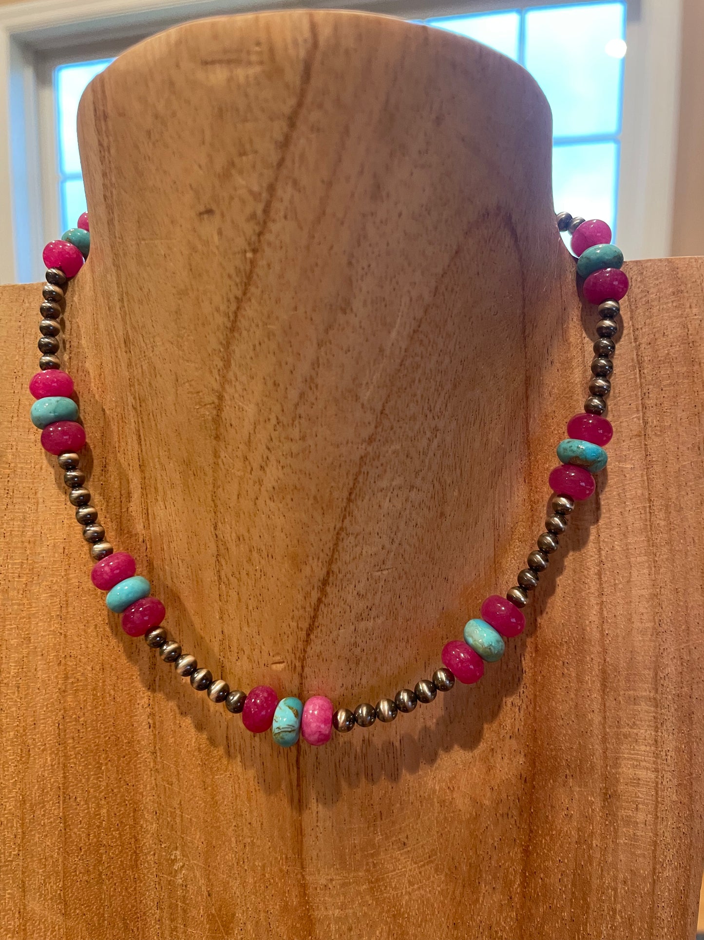 14-16" 4mm Sterling Silver Pearls w/ Hot Pink Quartz & Turquoise Necklace