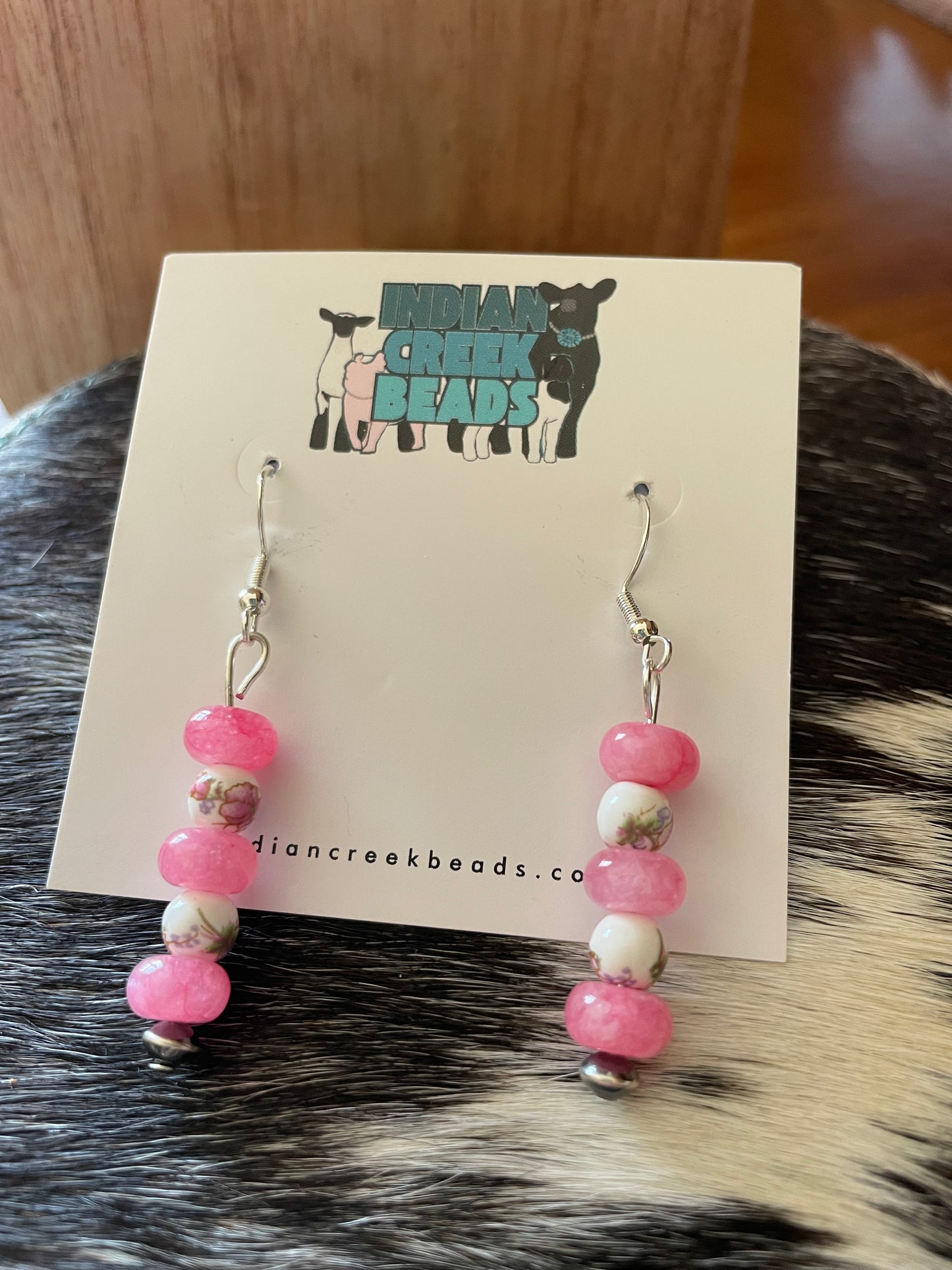 Pink Quartz w/ Floral China Dangle Earrings