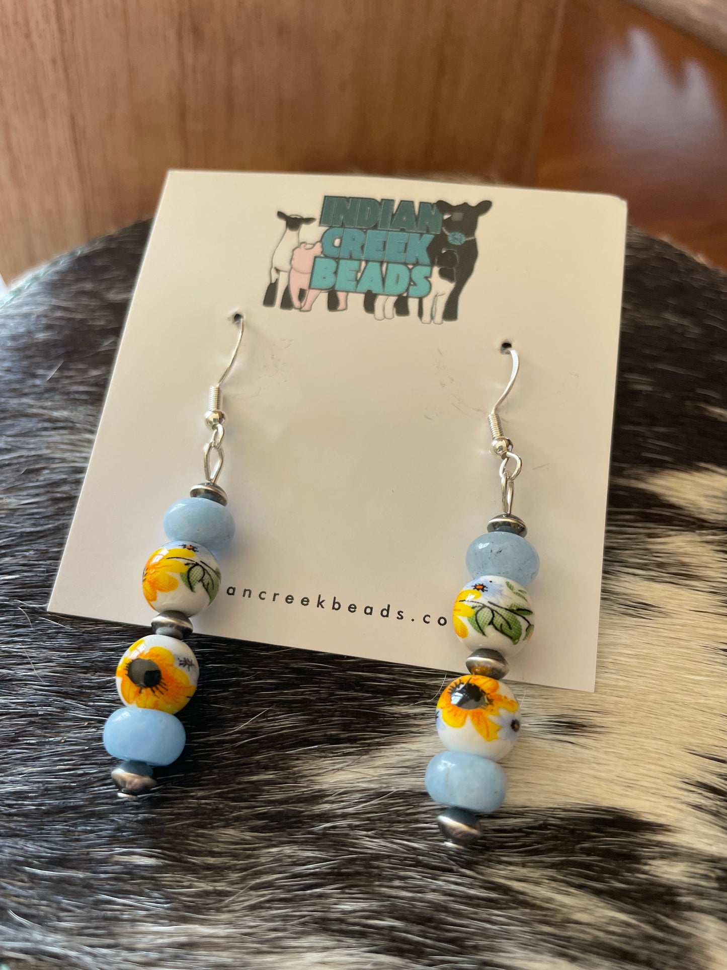 Sunflower Floral China w/ Blue Opal & Saucer Dangle Earrings