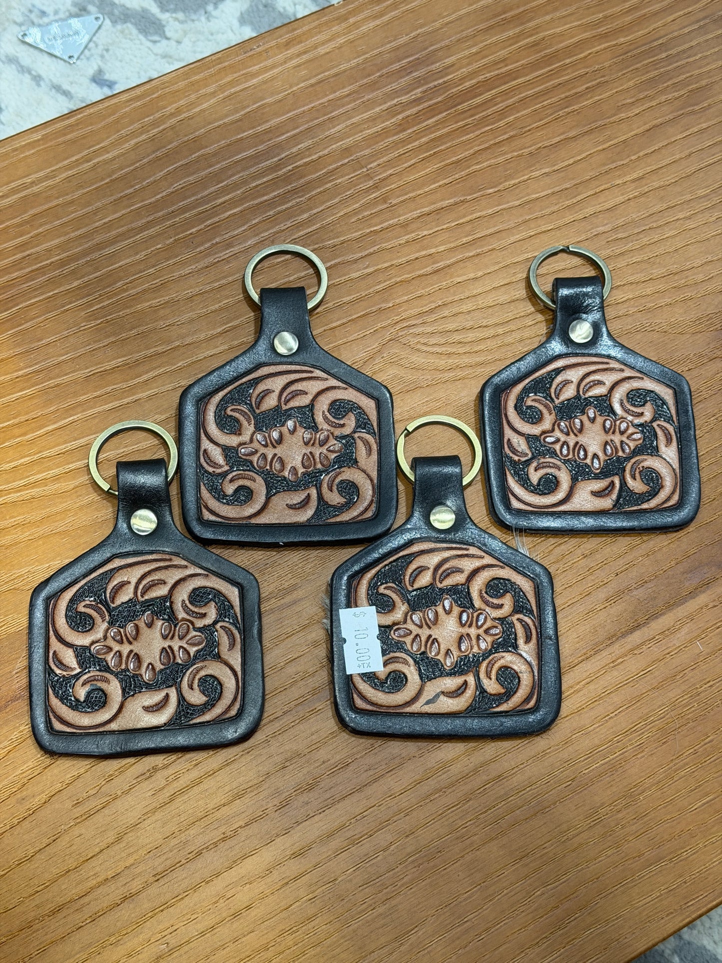 Black Leather Brown Tooled Keychain