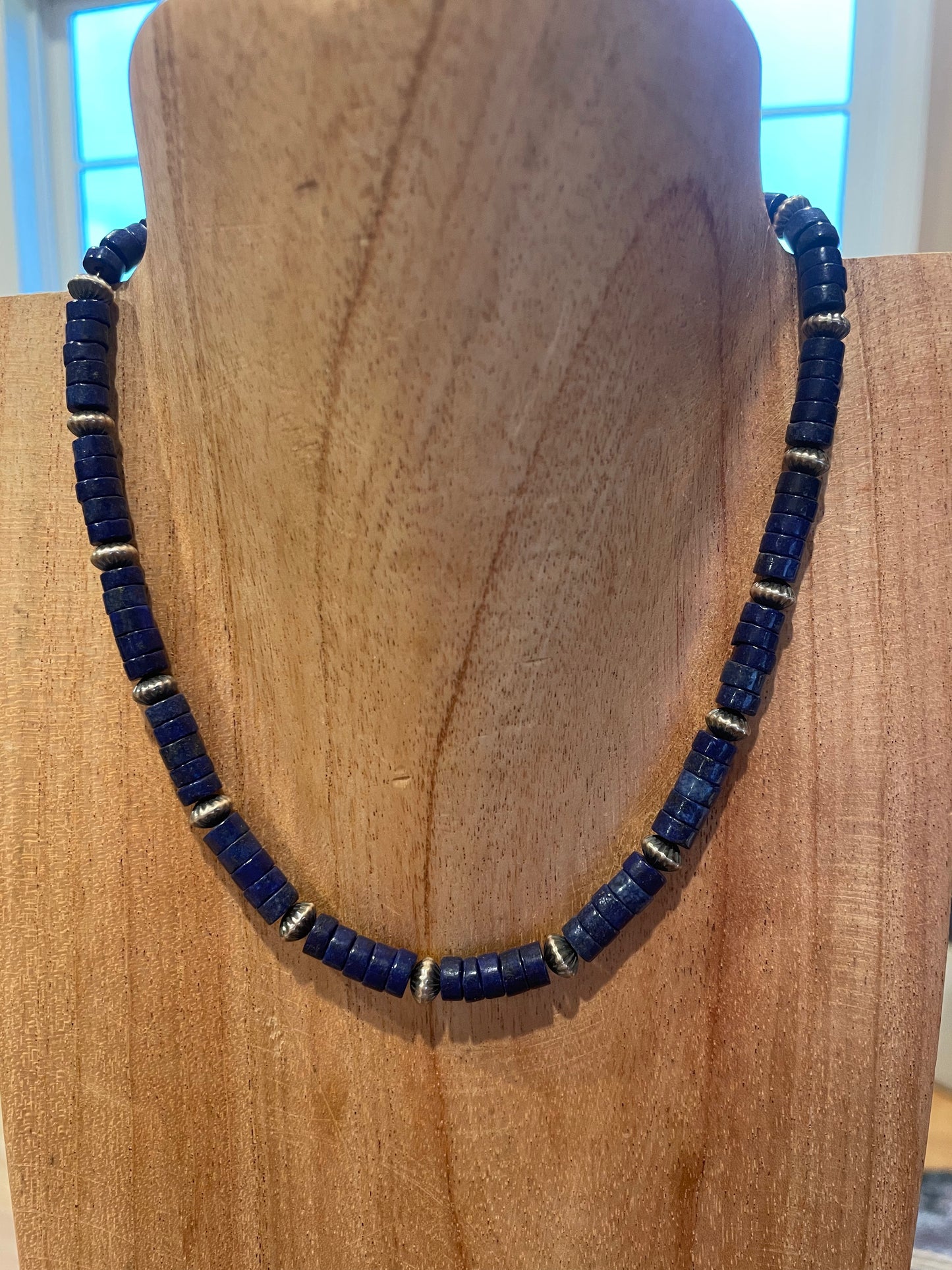 15.5-17" Blue Lapis & 6mm Corrugated Saucer Necklace