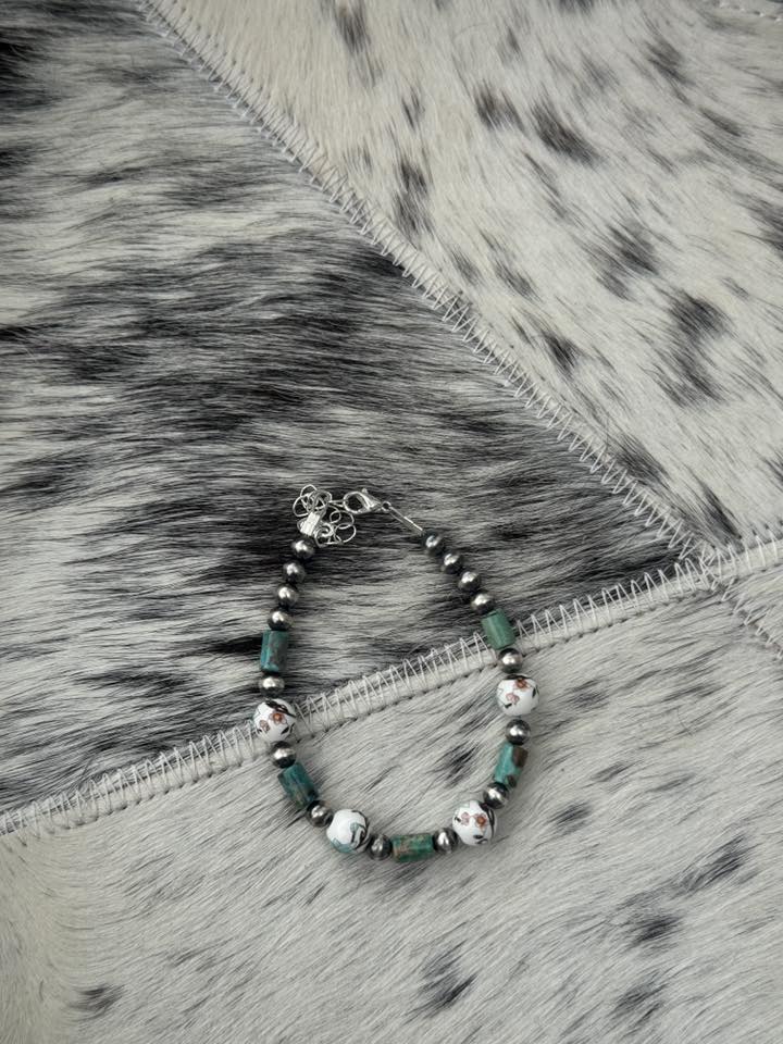7-8.5” 5mm Sterling Silver Pearl, Turquoise and Floral China Bracelet