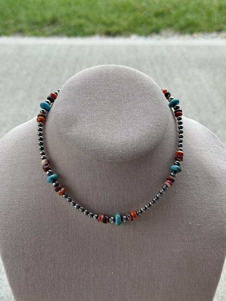 14-15.5” 4mm Sterling Pearl w/ Rainbow Multi-Stone Necklace