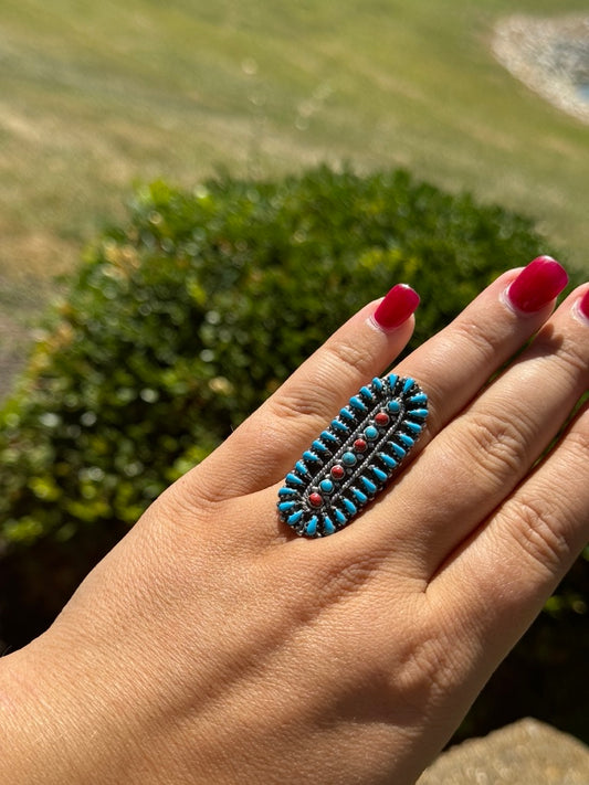 Sleeping Beauty Turquoise & Red Coral Ring, Size 6