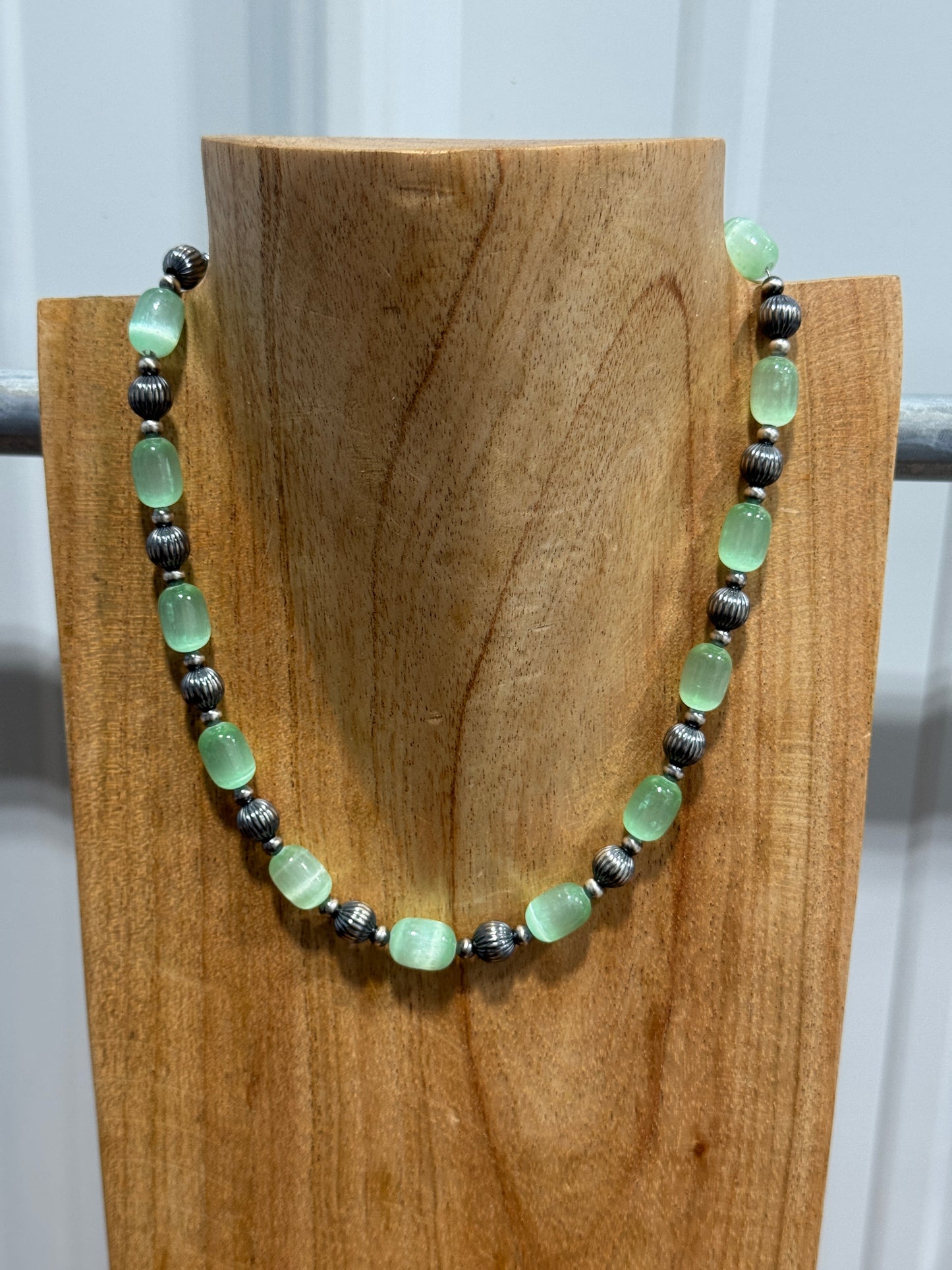 16.5" Green Selenite w/ 4mm Sterling Silver Pearls + 8mm Melons