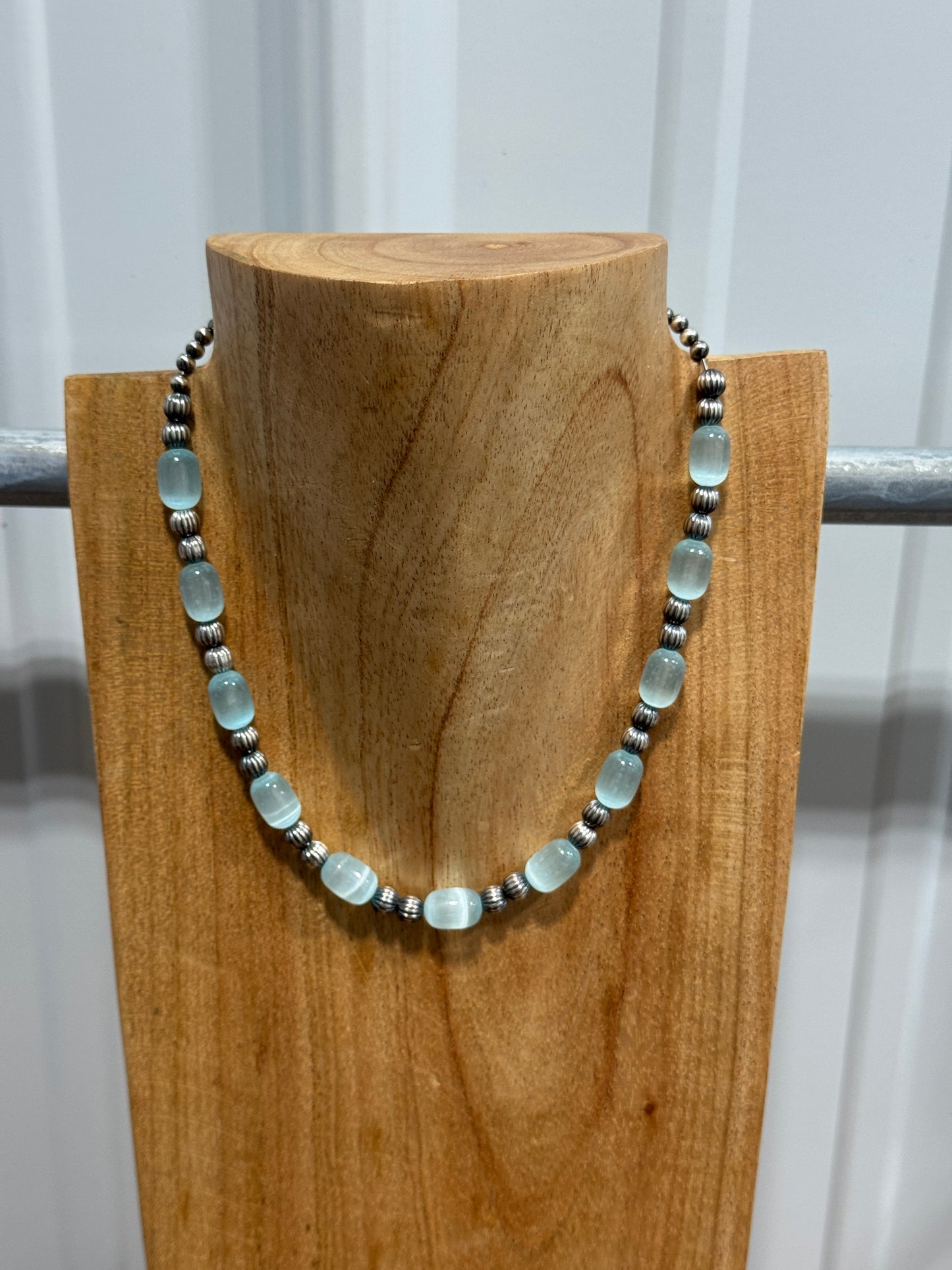 16" 4mm Sterling Silver Pearls w/ 6mm Melons and Blue Selenite