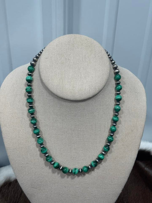 17.5-20” 4-8mm pearls, 6mm saucer pearls & Malachite Necklace