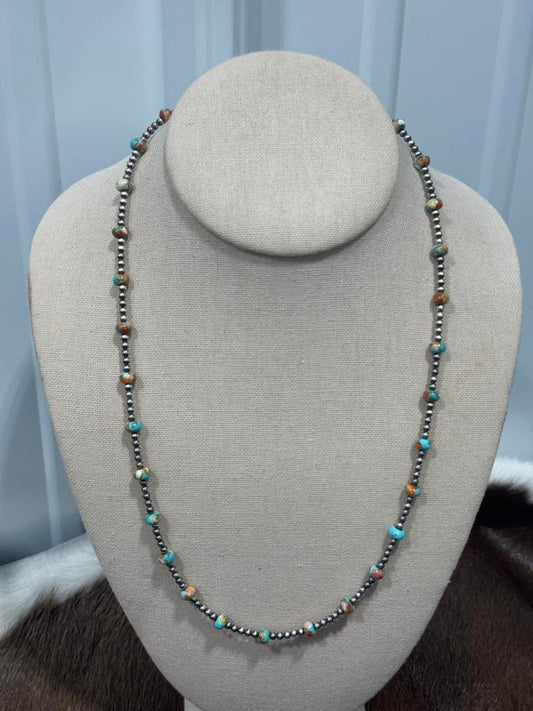 22.5-25” 3mm pearls and Kingman Spiny Turquoise Necklace