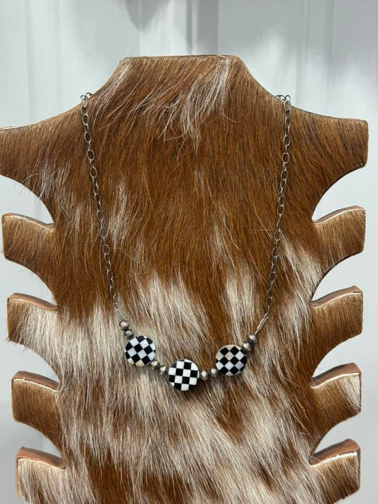 16” 5mm Sterling Silver Pearls w/ Checkered Sterling Silver Chain Necklace