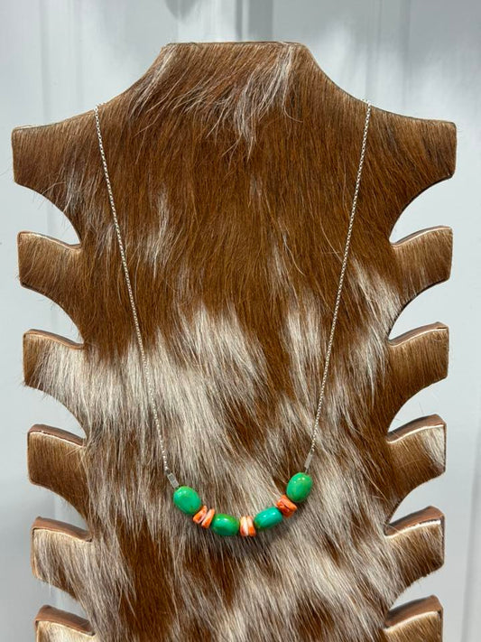 19” Genuine Turquoise, Orange Spiny Sterling Silver Chain Necklace