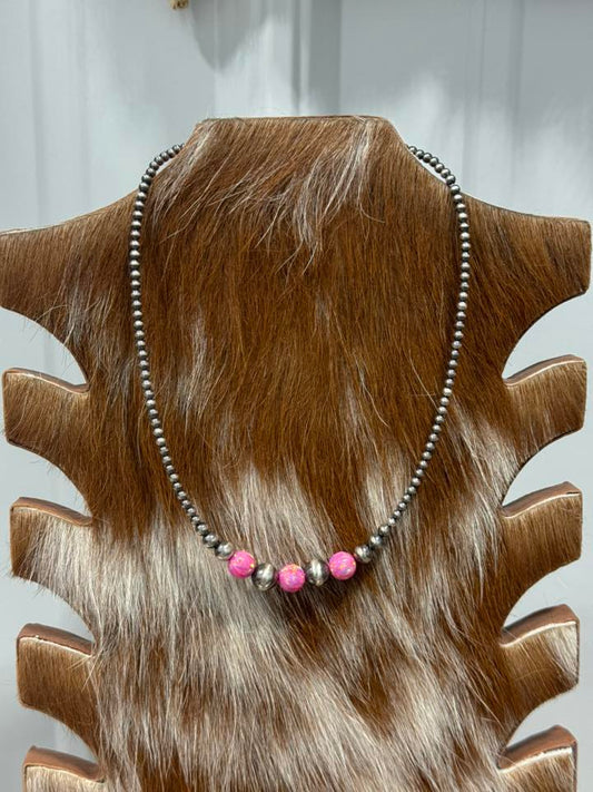 15-17” 3-8mm Sterling Silver pearls and 8mm Aurora Opal Necklace