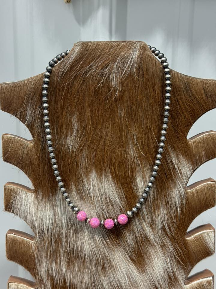 15.5-17” 5mm Sterling Silver Pearls, 5mm Saucers, 8mm Aurora Opal Necklace