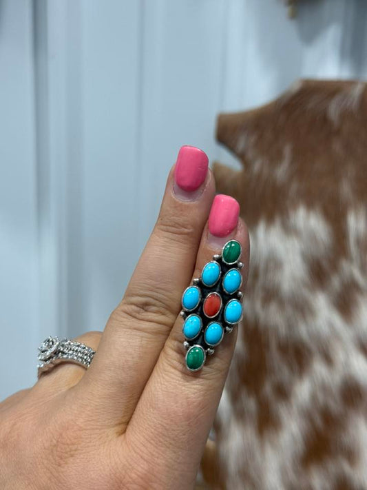 Sleeping Beauty, Malachite, Red Spiny Ring Size 6.5
