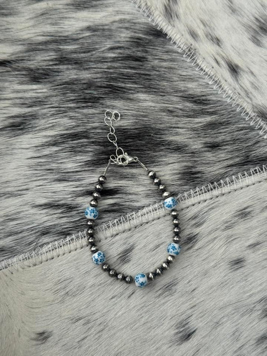 6-7.5" 4mm Sterling Silver Pearls w/ Blue Floral China Bracelet