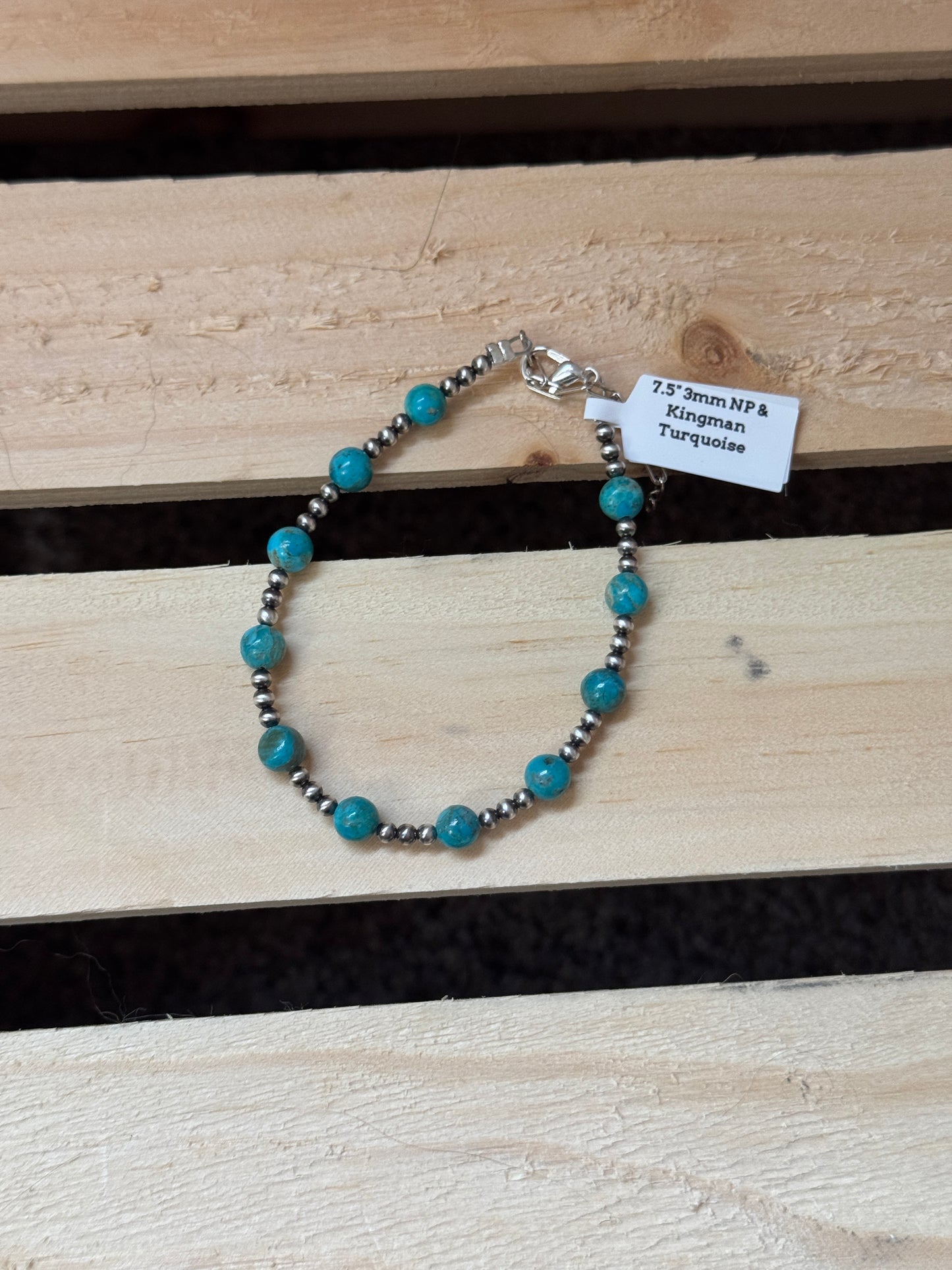 7.5" 3mm Sterling Silver Navajo Pearls & Kingman Turquoise Bracelet