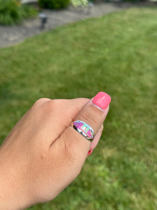 Hot Pink Opal Inlay Ring, Size 8.5