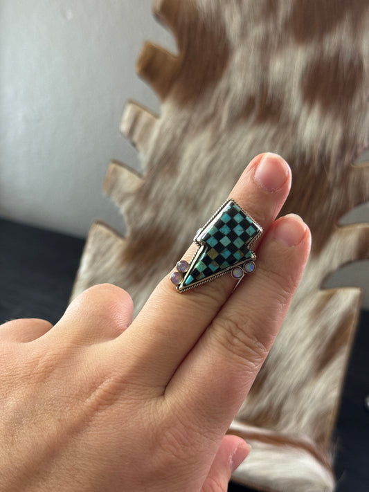 Kingman Turquoise Checkered Bolt Adjustable