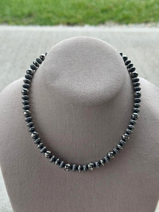15.5-17” 8mm Sterling Pearl, 8mm Saucer w/ 8mm Corrugated Saucer Necklace