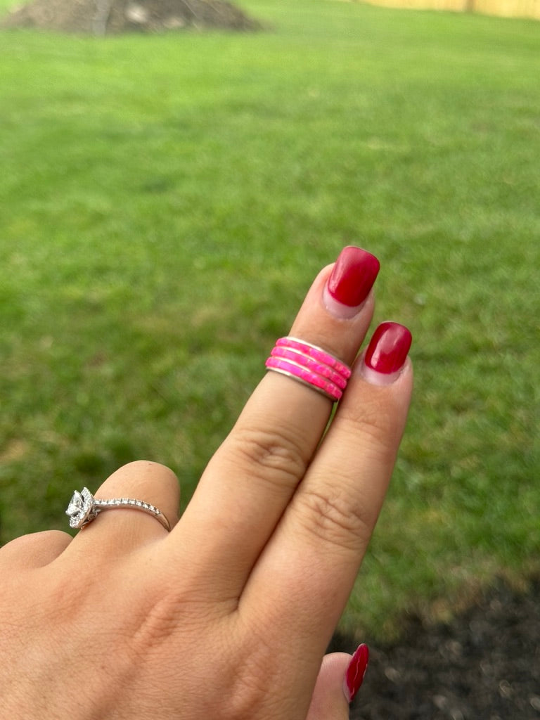 Triple Inlay Hot Pink Opal Ring, Size 6.25