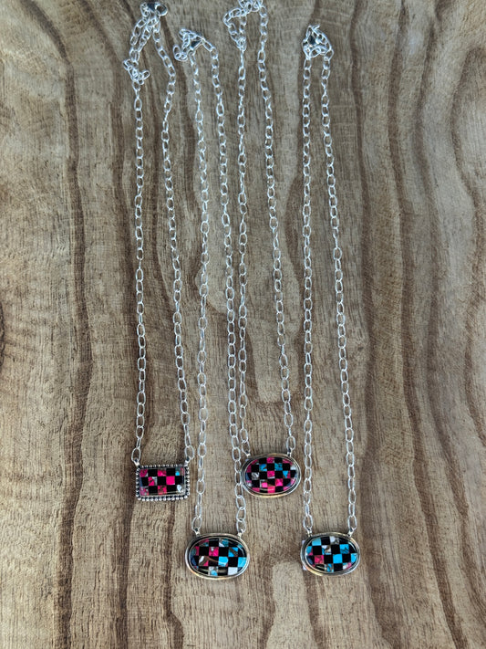 Cotton Candy Dahlia Checkered Necklace