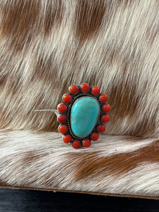 Red Coral & Turquoise Adjustable Ring