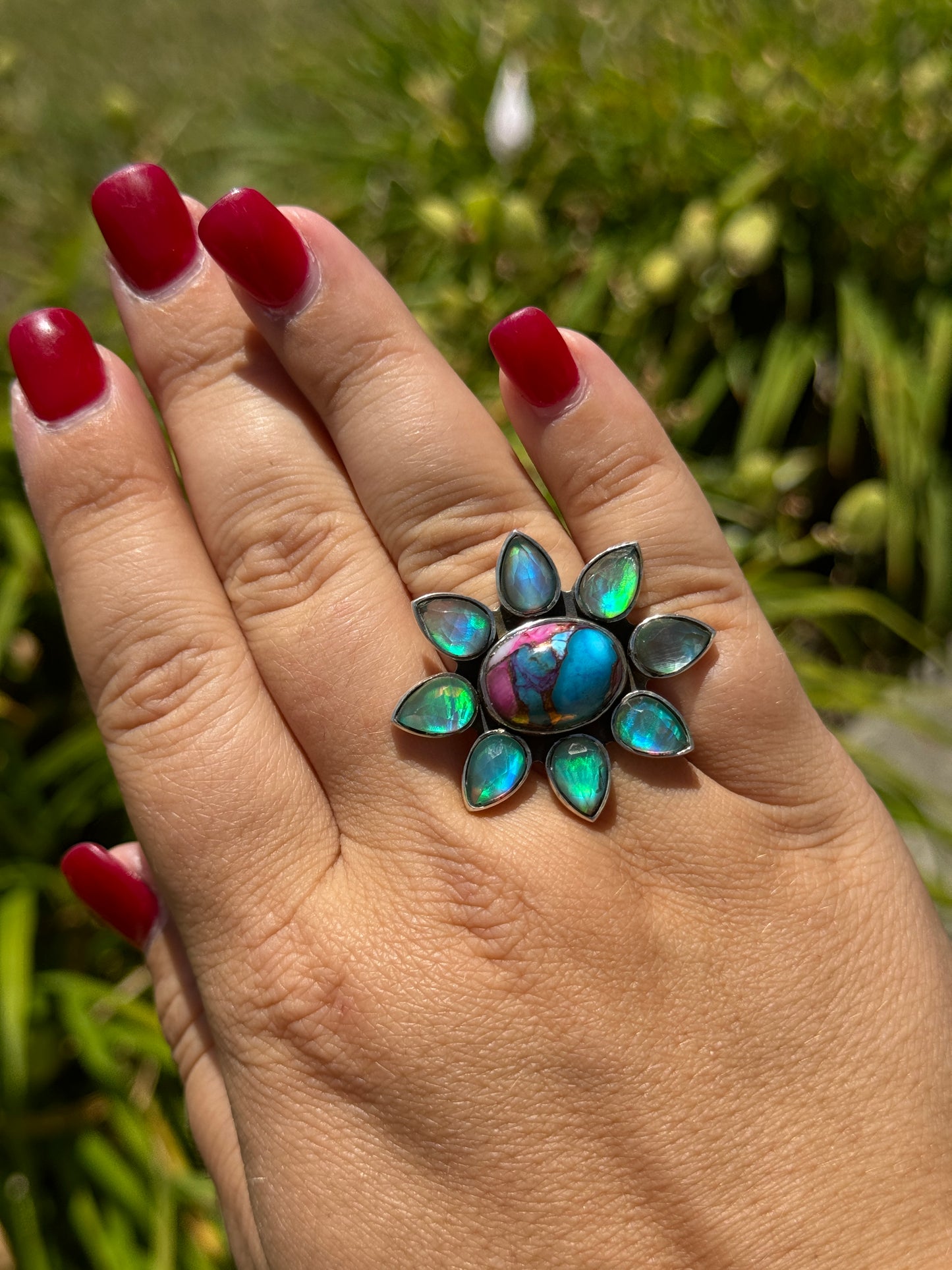 Pink Dahlia & Opal Adjustable Ring