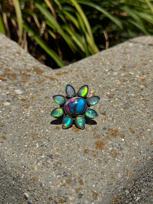 Pink Dahlia & Opal Adjustable Ring