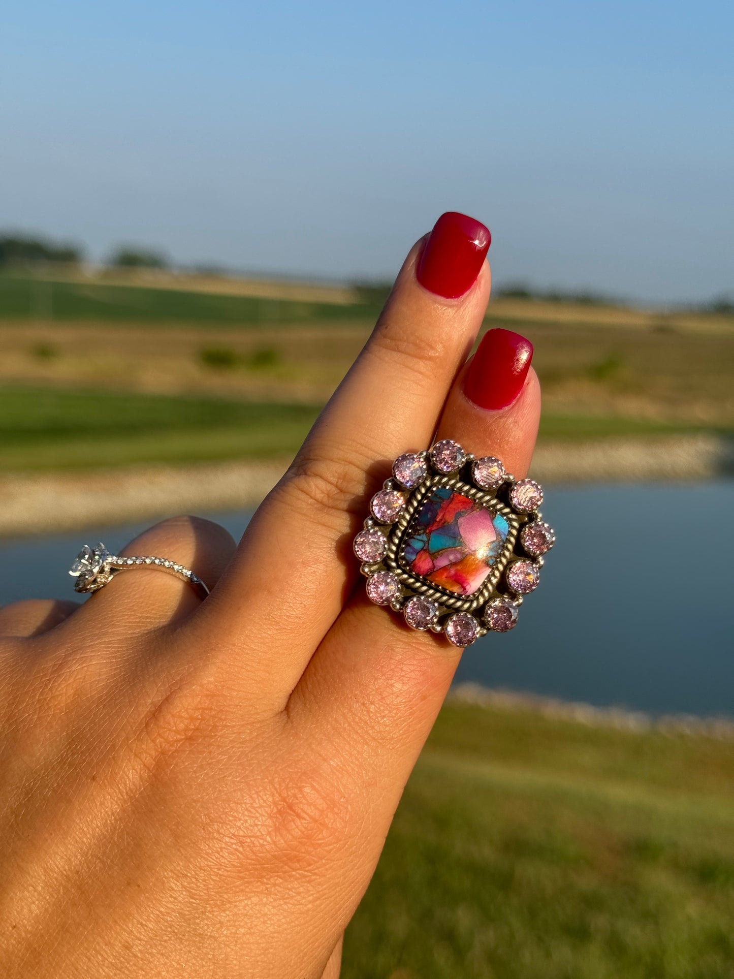 Pink Dahlia, Pink CZ Adjustable Ring