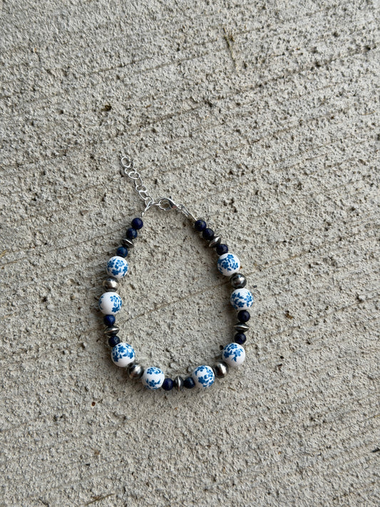 7-8" Blue Tiger Eye & Blue Floral