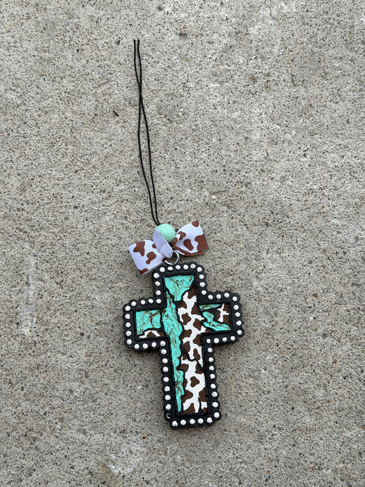 Turquoise Cross Cow Print Freshie