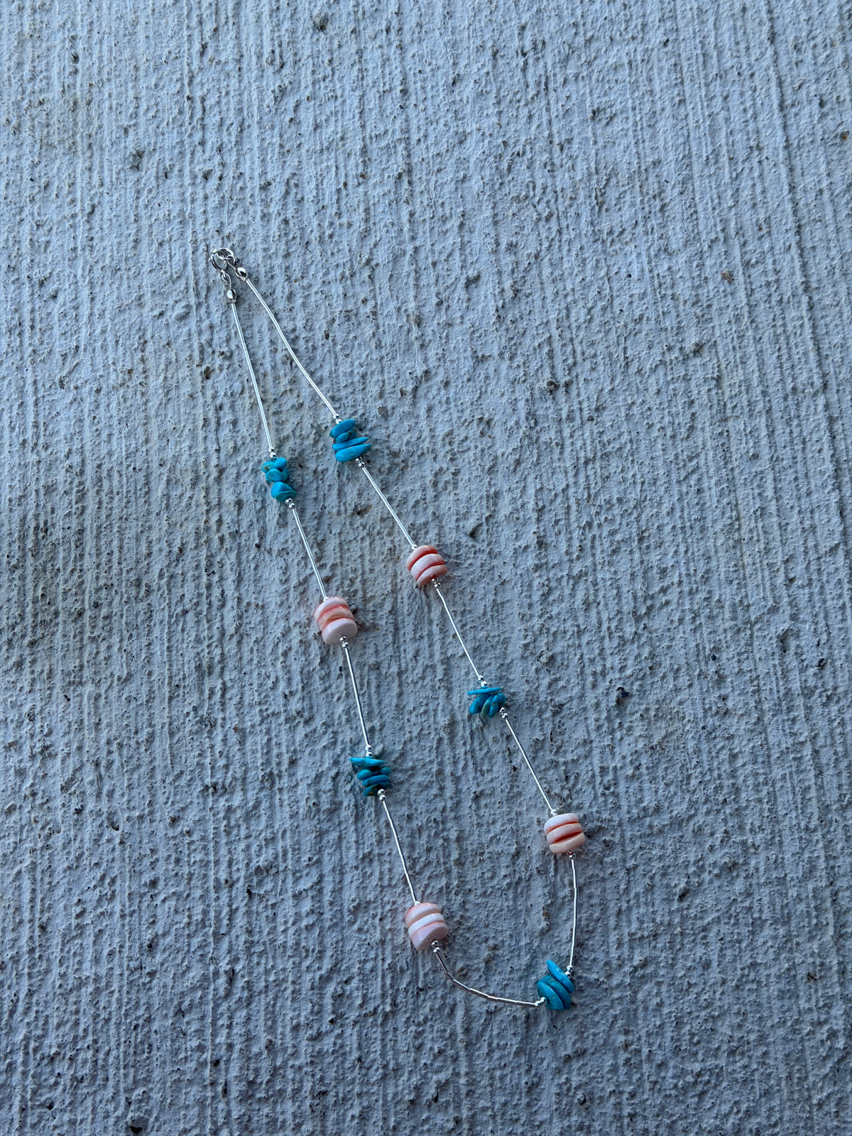 17" Liquid Silver, Pink Conch & Turquoise