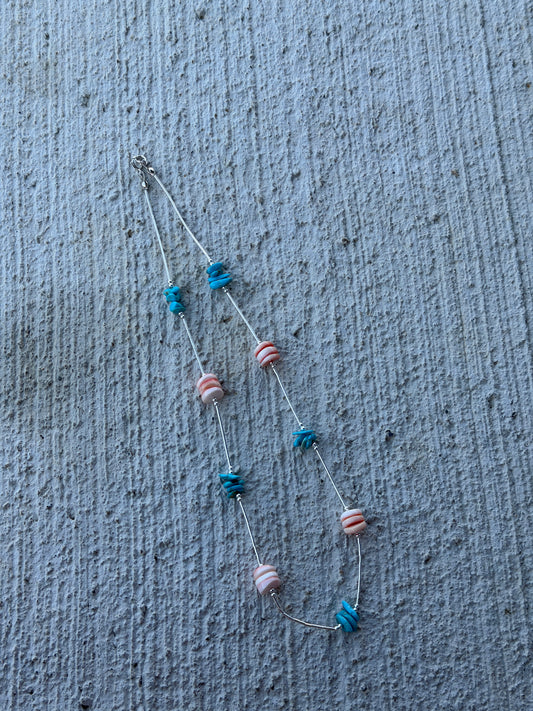 17" Liquid Silver, Pink Conch & Turquoise