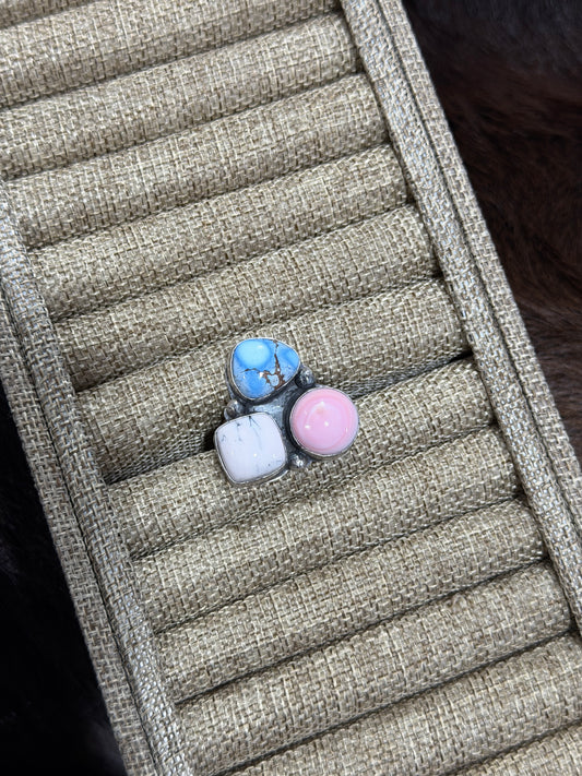 Golden Hills, White Buffalo, Pink Conch Adjustable Ring