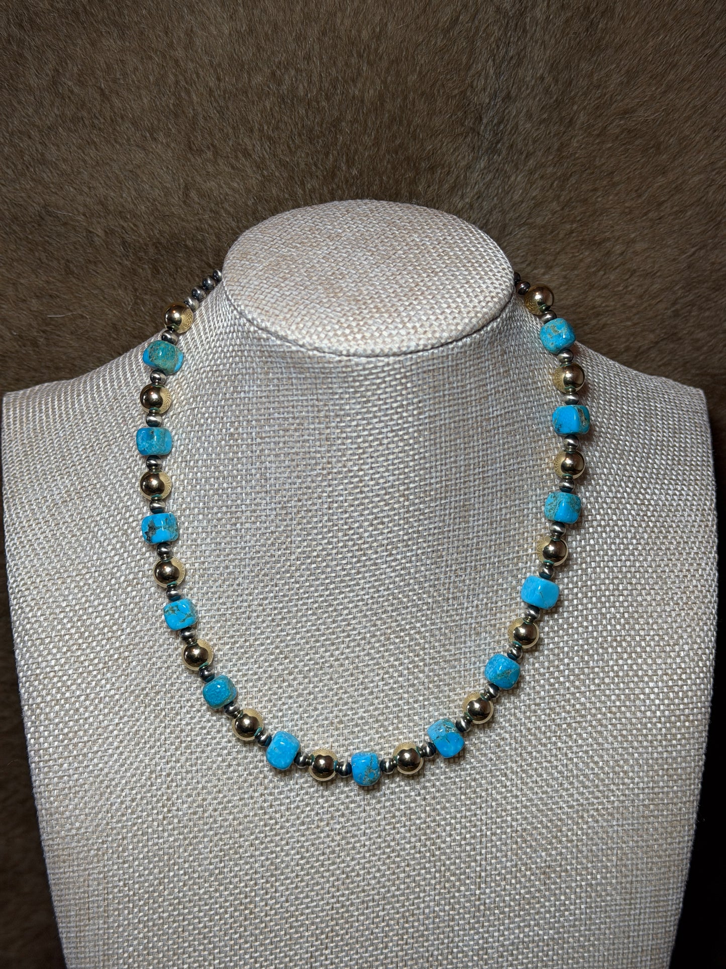 15.5-17" Kingman Turquoise, Pearl & Gold