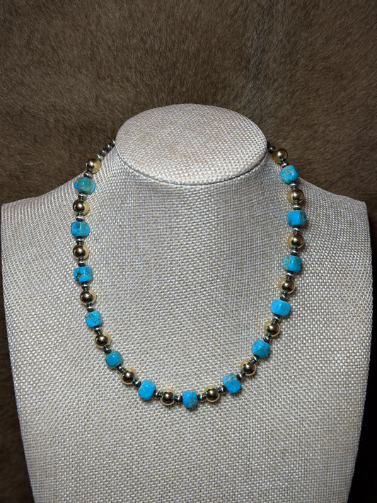 15.5-17" Kingman Turquoise, Pearl & Gold