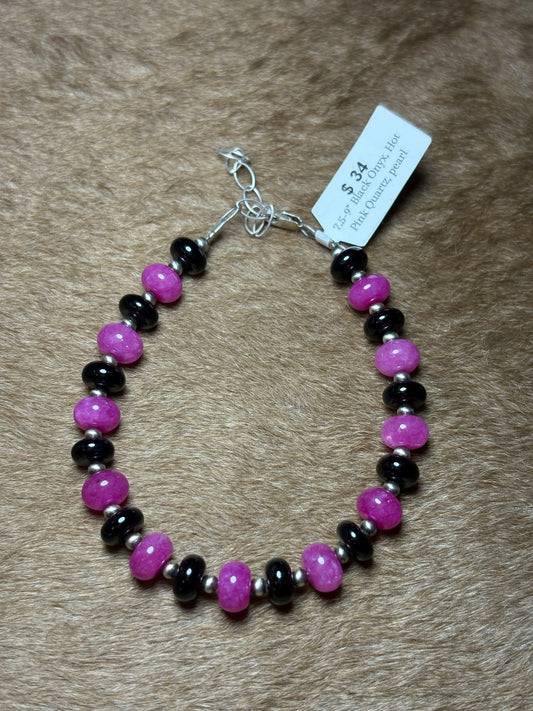 7.5-9" Hot Pink Quartz & Black Onyx