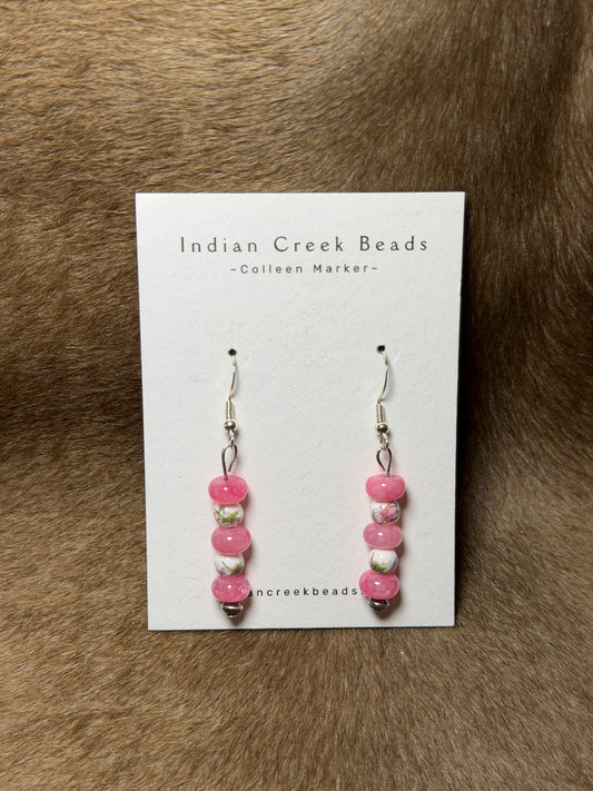Pink Quartz w/ Floral China Dangle Earrings