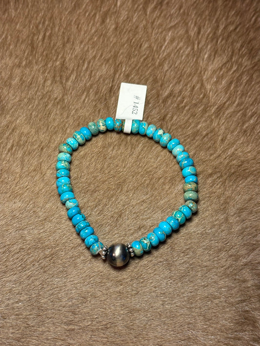 Turquoise & Pearl Stretchy Bracelet