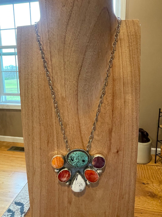 18" Cluster Necklace - Turquoise w/ Red-Orange-Purple Spiny & White Buffalo