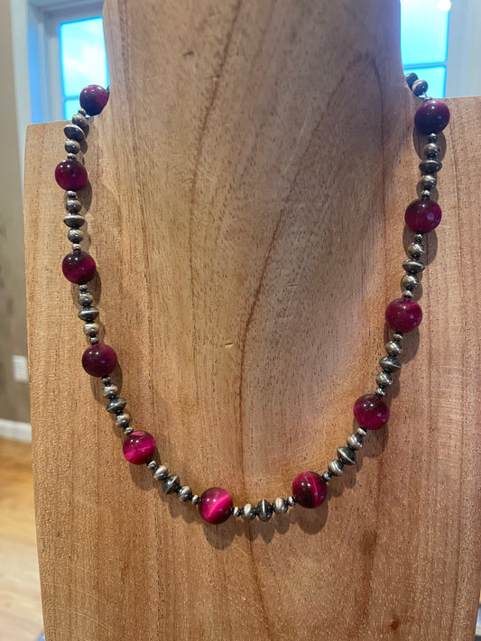 17-18.5" Pink Tiger Eye w/ 3-8mm Pearls & Saucer Necklace