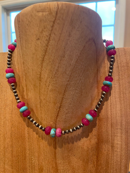 14-16" 4mm Sterling Silver Pearls w/ Hot Pink Quartz & Turquoise Necklace
