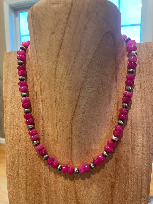 15.5-17" Hot Pink Quartz with 6mm Sterling Silver Pearl Necklace