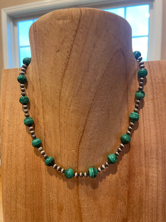 15-17.5" Malachite w/ 4mm Sterling Silver Pearl Necklace