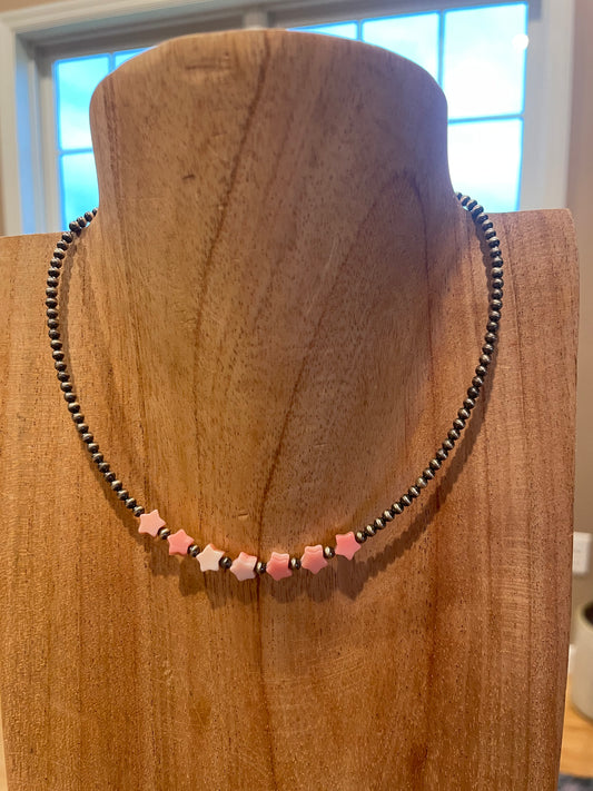 14-16" 3mm Sterling Silver Pearl w/ Pink Conch Star Necklace