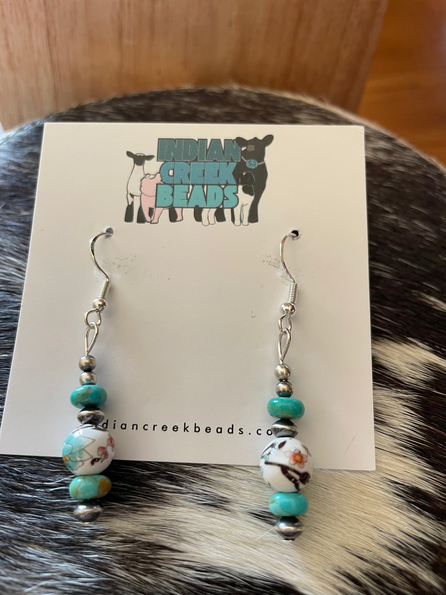 Floral China & Turquoise w/ Sterling Pearl Dangle Earrings